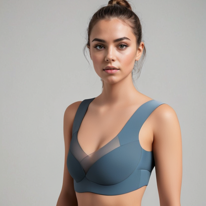 Junge Frau in blauem Sport-BH mit transparentem Einsatz, lächelt leicht, vor grauem Hintergrund. Fitnessmode, Sportbekleidung, Damenunterwäsche.