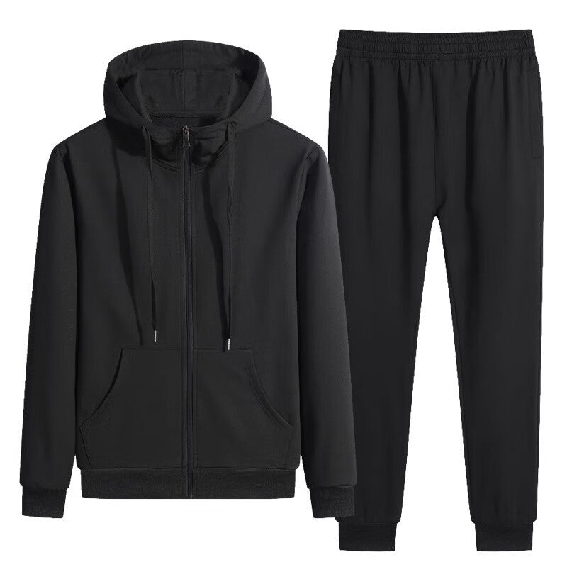 Schwarzer Trainingsanzug mit Kapuzenjacke und Jogginghose, sportlich, bequem, ideal für Fitness und Freizeit, Unisex-Design, modisch.