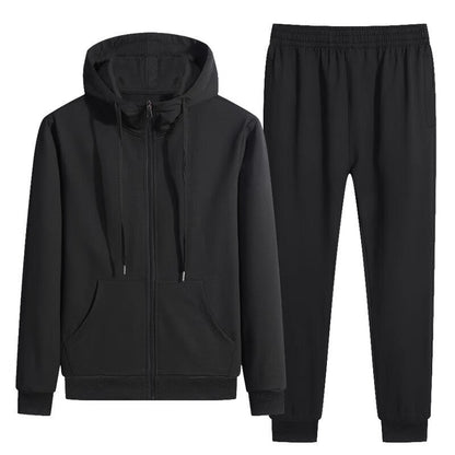 Schwarzer Trainingsanzug mit Kapuzenjacke und Jogginghose, sportlich, bequem, ideal für Fitness und Freizeit, Unisex-Design, modisch.