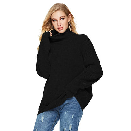 Damen Herbst-Strickpullover mit hohem Kragen, Streifenmuster, Langarm und lockerer Passform