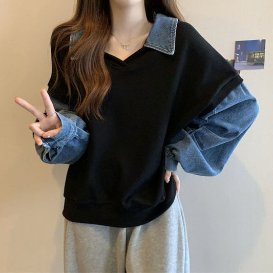 Übergrößen-Sweater mit Denim-Nähten und falschem Zwei-Teile-Look, Ideal für Herbst und Winter