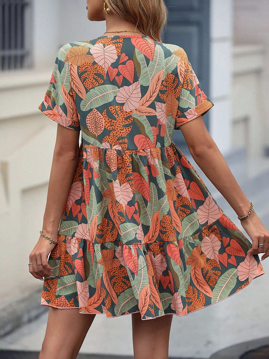 Bedrucktes Smock-Kleid mit Fledermausärmeln & Rüschen-Saum | Perfekt für Frühling & Sommer