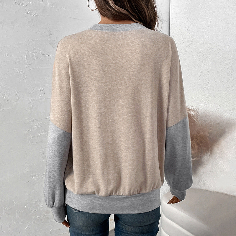 Damen Frühlingspullover mit Color-Block-Muster und Rundhalsausschnitt