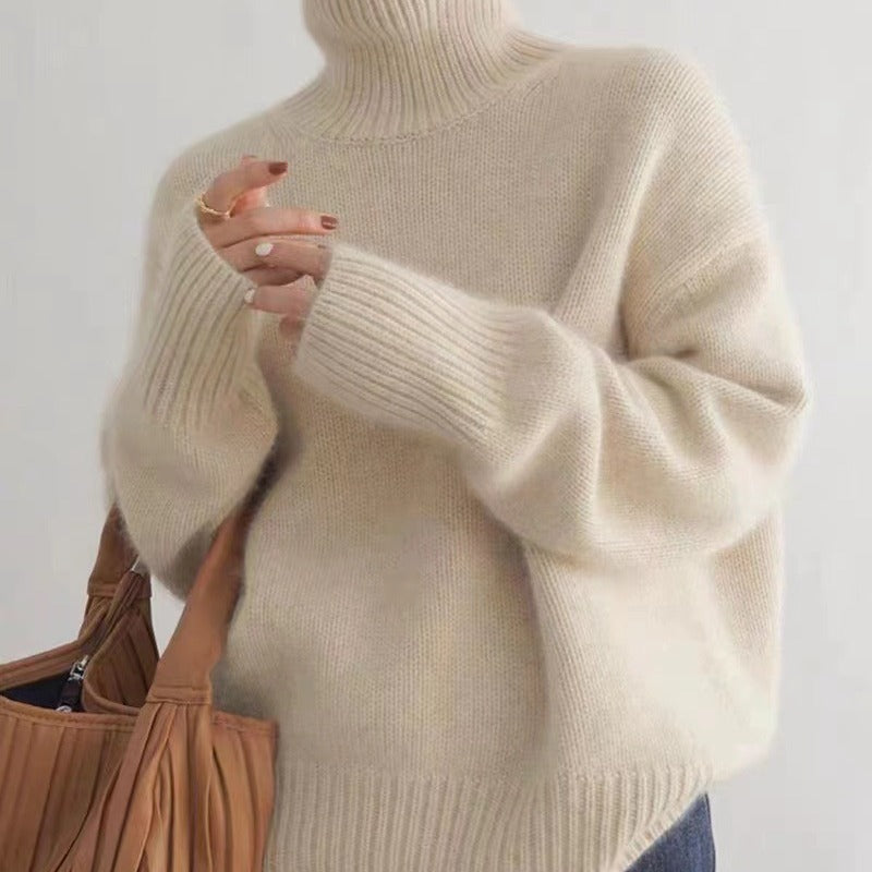 Damen Herbst Rollkragenpullover Dick Gestrickt Langarm Unifarbener Pullover
