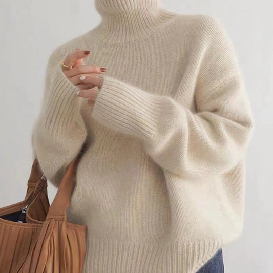 Damen Herbst Rollkragenpullover Dick Gestrickt Langarm Unifarbener Pullover