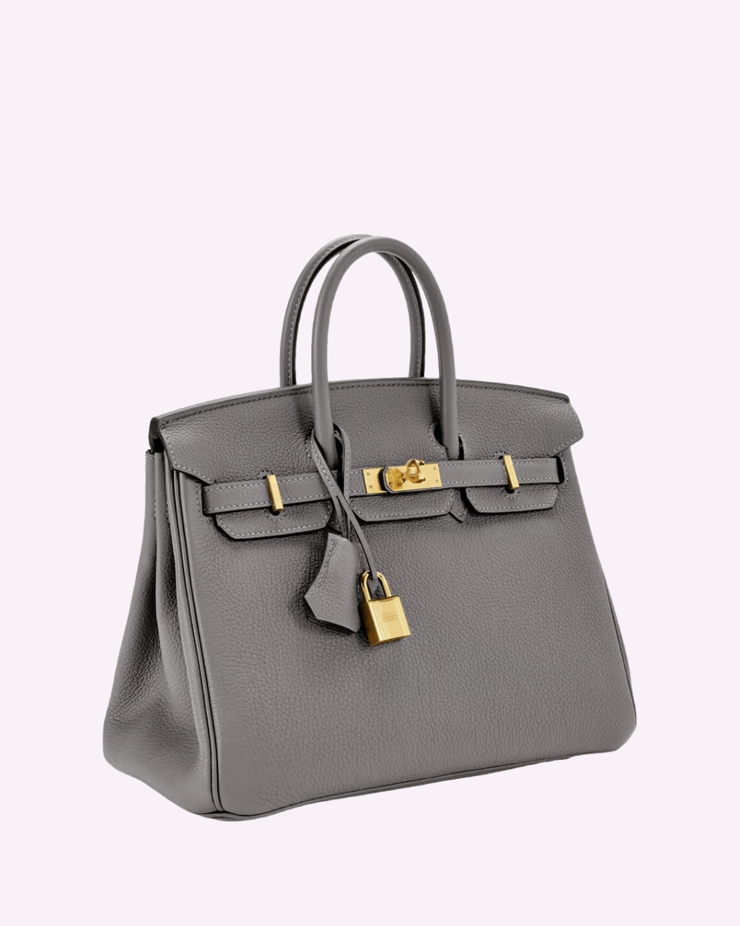 Graue Lederhandtasche mit goldenen Beschlägen und Schloss, luxuriöses Design, elegante Modeaccessoire, ideal für stilvolle Damen.
