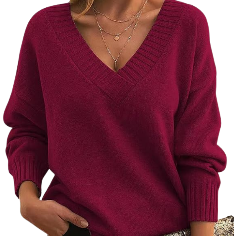Damen Winterpullover mit V-Ausschnitt, einfarbig und langen Ärmeln