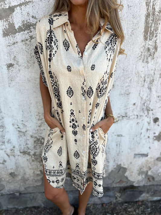 Bedrucktes Baumwoll-Leinen-Kleid mit kurzen Ärmeln & Taschen | Perfekt für Frühling & Sommer