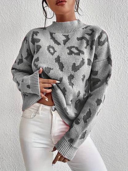 Damenpullover mit Leopardenmuster und Rundhalsausschnitt aus warmem Strick | Ideal für Herbst und Winter