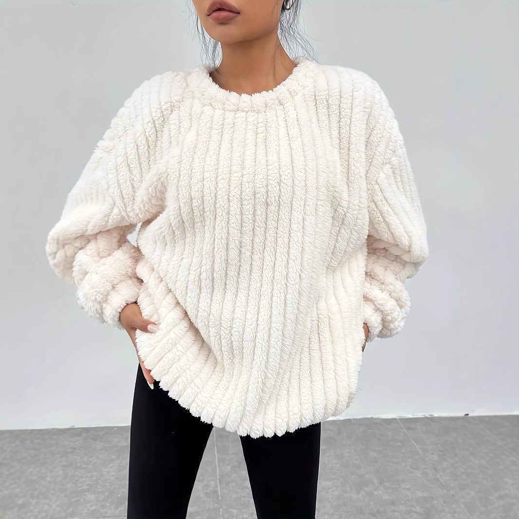 Damen Herbst-Flanellpullover mit Langarm und Fellbesatz in Weiß