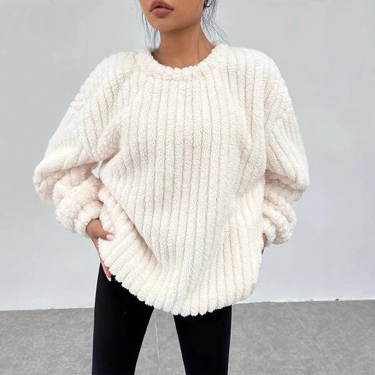 Damen Herbst-Flanellpullover mit Langarm und Fellbesatz in Weiß