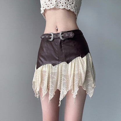 Damen Frühlings Minirock mit asymmetrischem Saum Spitze und Nahtdetails