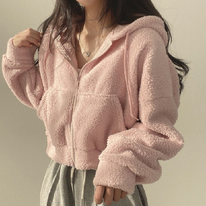 Damen Herbst Kapuzenpullover Lockere Passform Lammstruktur Langarm