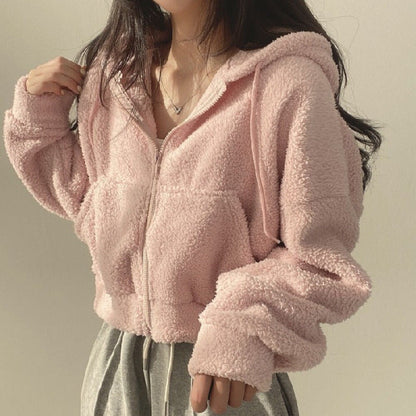 Damen Herbst Kapuzenpullover Lockere Passform Lammstruktur Langarm