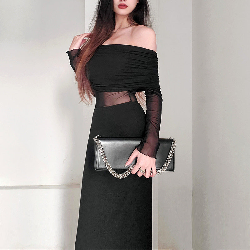 Schulterfreies Plissiertes Langarm-Maxikleid | Ideal für den Winter