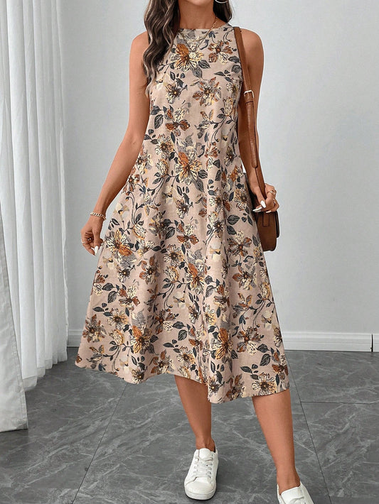 Ärmelloses Midi-Kleid mit Rundhalsausschnitt, floralem Muster und ausgestelltem Saum | Ideal für Frühling und Sommer