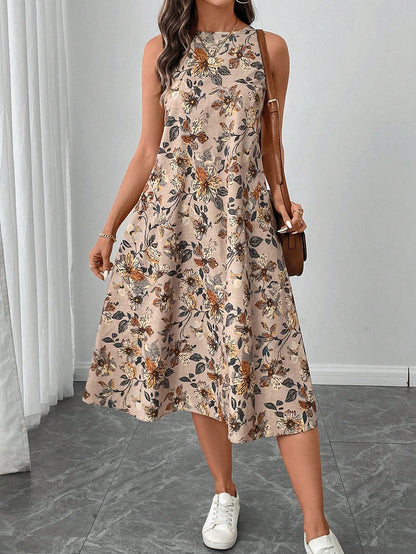 Ärmelloses Midi-Kleid mit Rundhalsausschnitt, floralem Muster und ausgestelltem Saum | Ideal für Frühling und Sommer