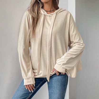 Damen Frühlings-Hoodie-Pullover mit Rüschenbesatz und Kapuze mit Kordelzug