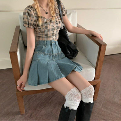 Damen Frühjahrs-Minirock mit hohem Bund und Falten-Design aus Denim