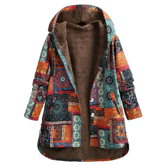 Lange Winterjacke mit Kapuze und grafischem Muster | Ideal für den Winter