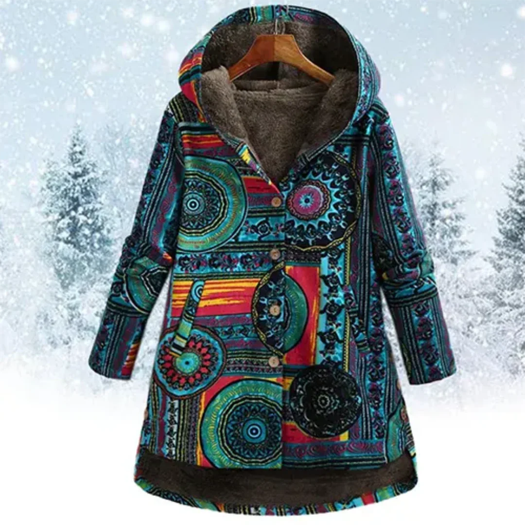 Lange Winterjacke mit Kapuze und grafischem Muster | Ideal für den Winter