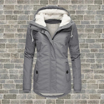 Damen Wintermantel mit Faltenoptik Kapuze und seitlichen Taschen