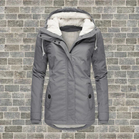 Damen Wintermantel mit Faltenoptik Kapuze und seitlichen Taschen