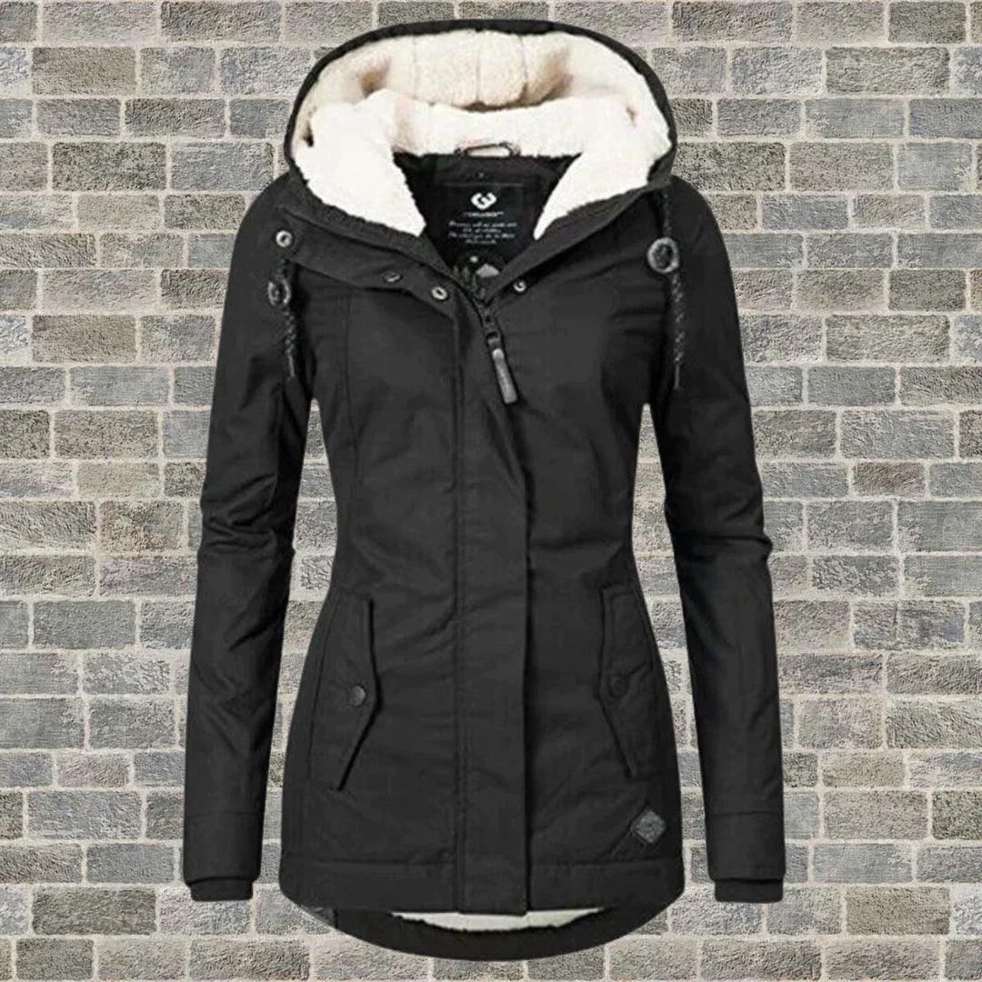 Damen Wintermantel mit Faltenoptik Kapuze und seitlichen Taschen