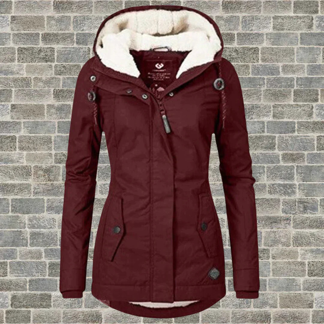 Damen Wintermantel mit Faltenoptik Kapuze und seitlichen Taschen