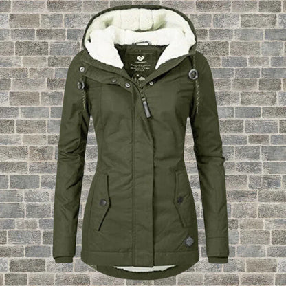 Damen Wintermantel mit Faltenoptik Kapuze und seitlichen Taschen
