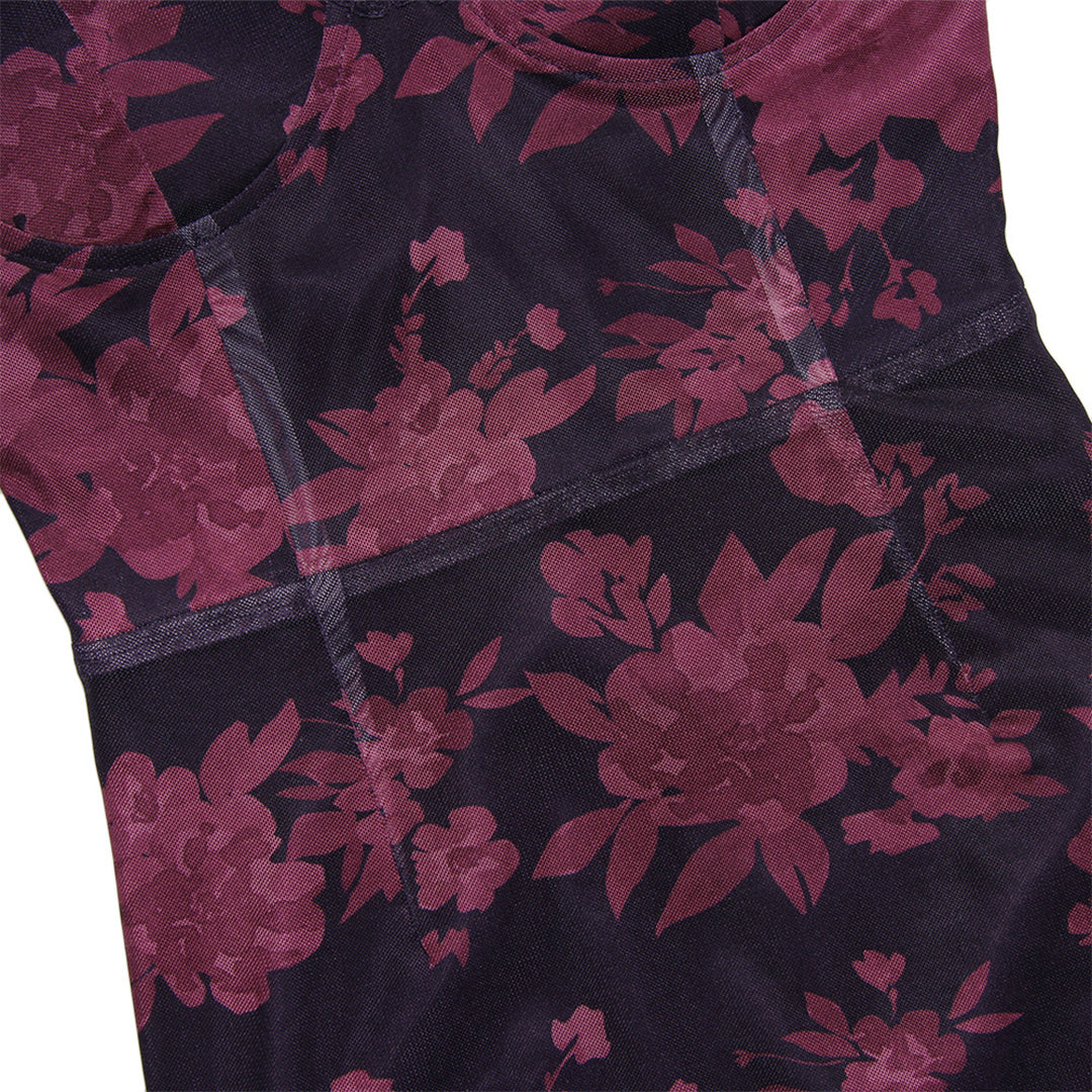 Damenkleid mit floralen Mustern in Lila und Rosa, ärmellos, elegantes Design, ideal für Abendveranstaltungen und Partys.