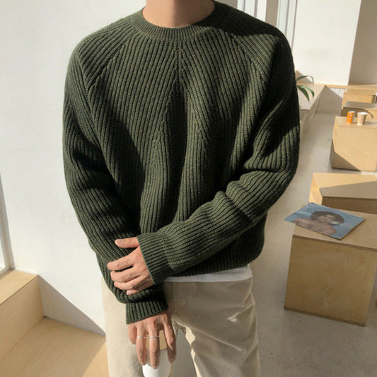 Herren-Rippstrickpullover mit Stehkragen und Raglanärmeln