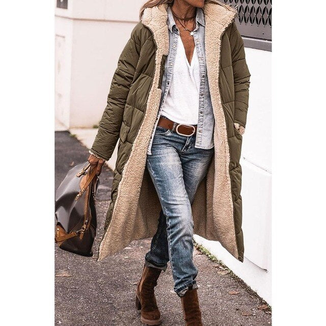 Lange Sherpa-gefütterte Pufferjacke mit abnehmbarer Kapuze | Ideal für den Winter