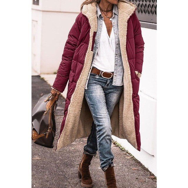 Lange Sherpa-gefütterte Pufferjacke mit abnehmbarer Kapuze | Ideal für den Winter