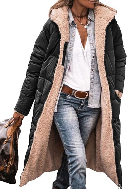 Lange Sherpa-gefütterte Pufferjacke mit abnehmbarer Kapuze | Ideal für den Winter