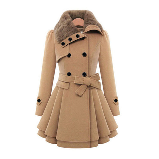 Damen Winterjacke lang mit Kunstfellkragen und Taillengürtel