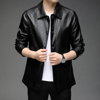 Herren Slim Fit Kunstlederjacke mit Hemdkragen & Knopfleiste – Ideal für Herbst & Winter