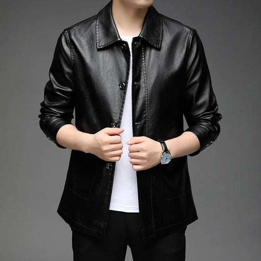 Herren Slim Fit Kunstlederjacke mit Hemdkragen & Knopfleiste – Ideal für Herbst & Winter