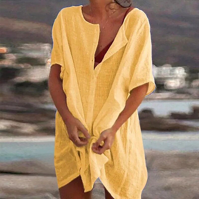 Ausgestelltes Baumwoll-Leinen-Kleid mit kurzen Ärmeln | Ideal für Frühling und Sommer