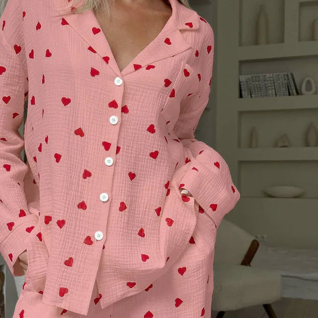 Damen Herz-Pyjama Set – Elegant für Frühling & Sommer