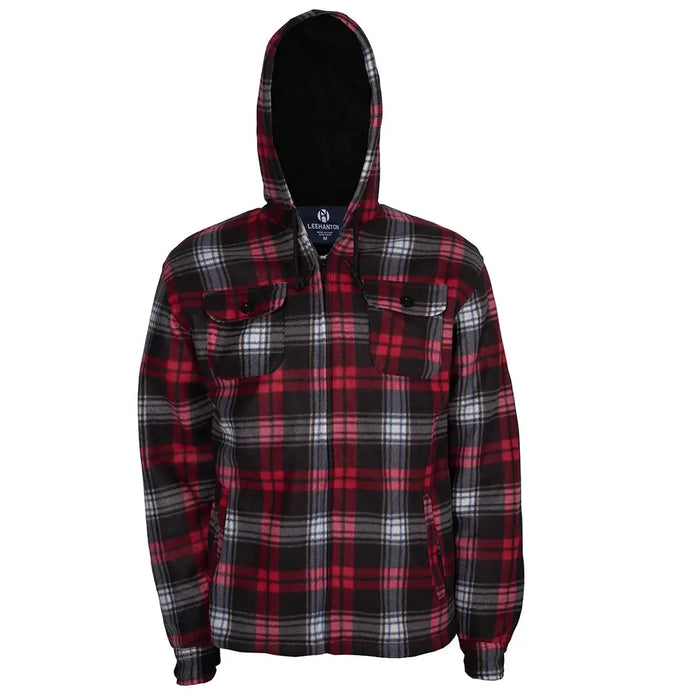 Rote karierte Herrenjacke mit Kapuze, Langarm, zwei Brusttaschen, warmes Futter. Perfekt für Herbst- und Wintermode.