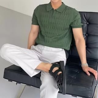 Double White Kurzarm Polo-Shirt mit Kabelstrickmuster  - für den Sommer