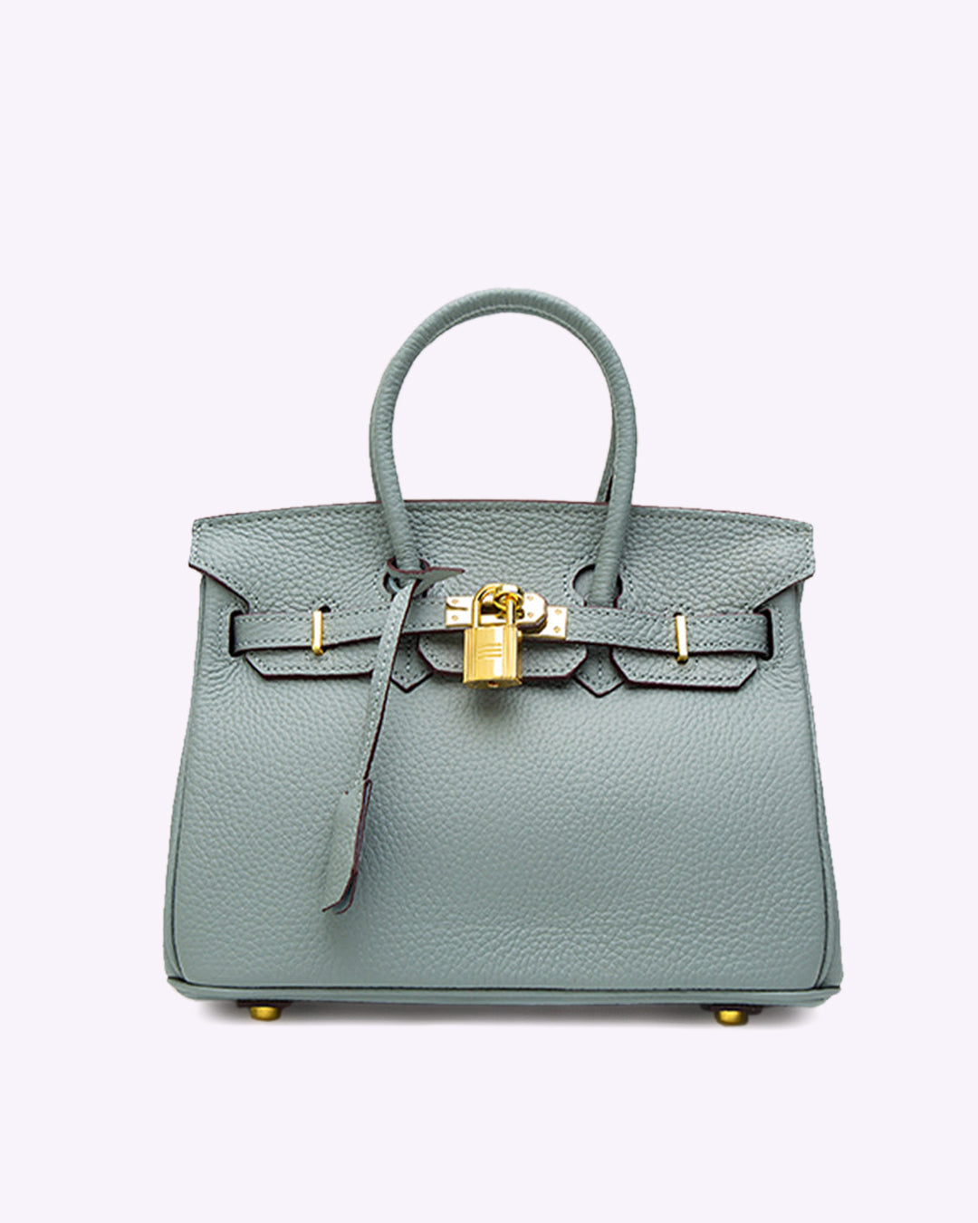 Luxuriöse graue Lederhandtasche mit goldener Schnalle und Tragegriff, elegantes Design, hochwertige Modeaccessoires für Damen.
