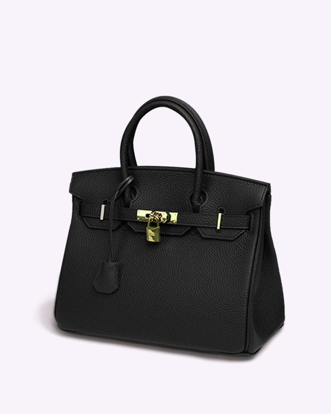 Luxuriöse schwarze Lederhandtasche mit goldener Schnalle und Henkeln, elegantes Design, Damenmode-Accessoire, stilvoll und zeitlos.