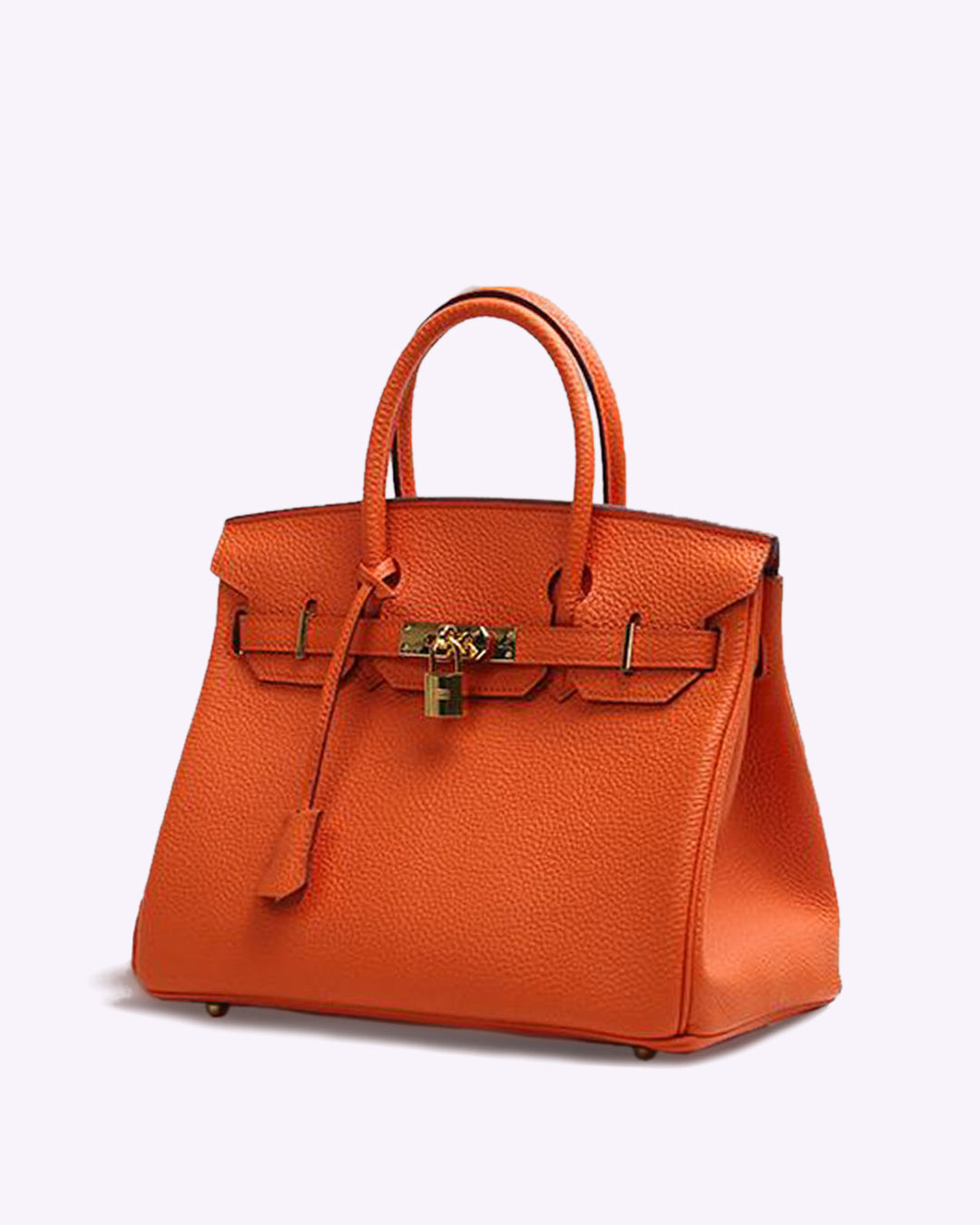 Orangefarbene Luxushandtasche aus Leder mit goldener Schließe, elegant und stilvoll, ideal für Damenmode und Accessoires.