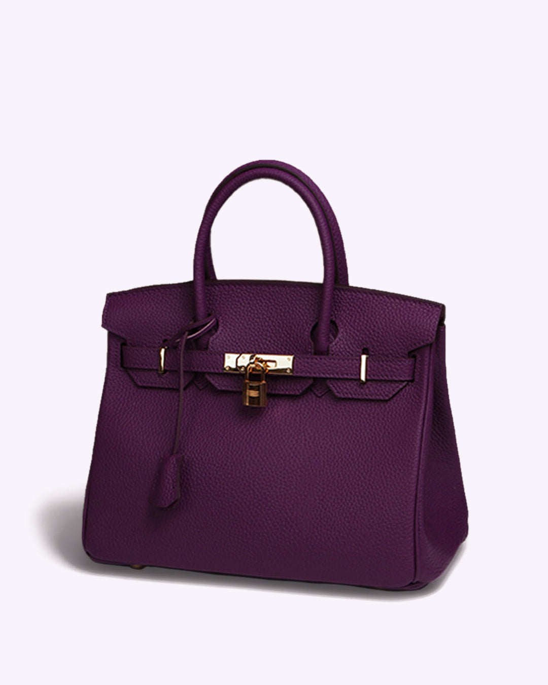 Luxuriöse lila Handtasche aus Leder mit goldenen Beschlägen und Schloss, elegantes Design, ideal für stilvolle Damenmode und Accessoires.