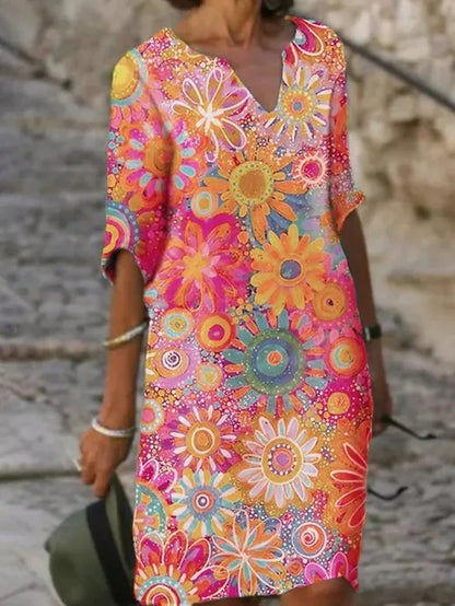 V-Ausschnitt Blumenkleid mit kurzen Ärmeln für Damen | Ideal für den Sommer