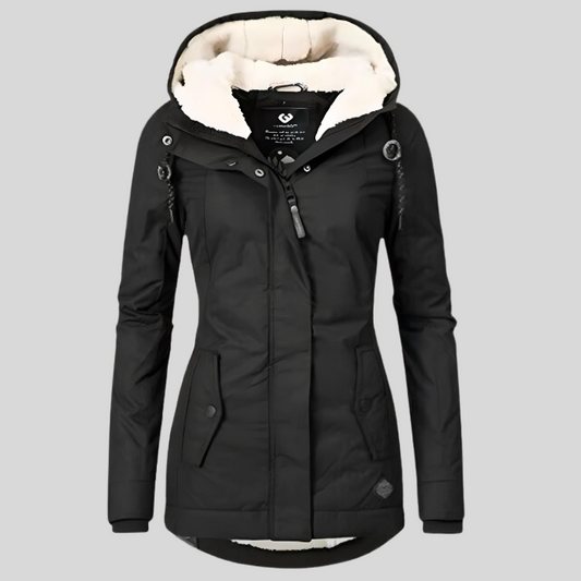 Schwarze Damen-Winterjacke mit Kapuze, warm gefüttert, Reißverschluss, Knöpfe, Taschen, ideal für kalte Temperaturen, modisch und funktional.