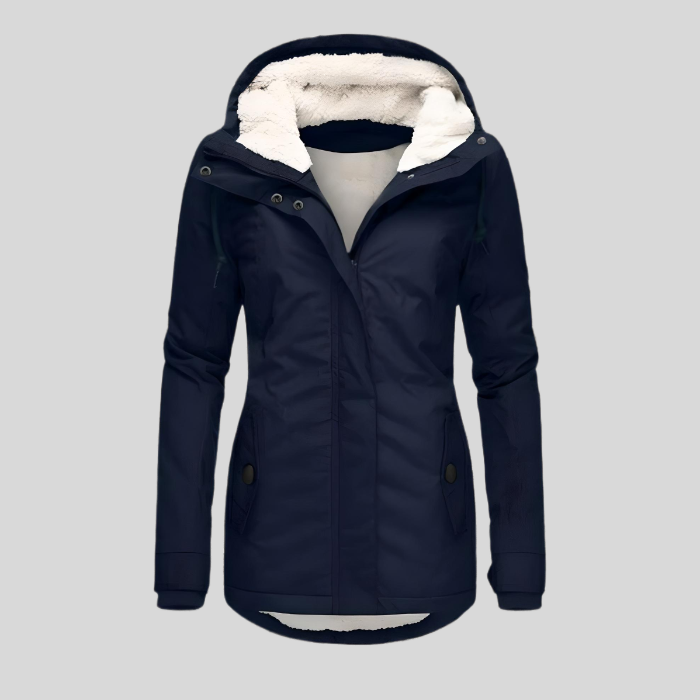Dunkelblaue Damen-Winterjacke mit Kapuze und weißem Fleecefutter, ideal für kalte Temperaturen. Stilvoller, funktionaler Wintermantel.