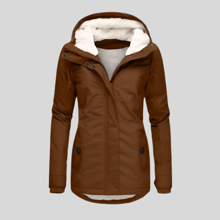 Braune Damen-Winterjacke mit Kapuze und weißem Futter, warm gefüttert, modisch, ideal für kalte Temperaturen, stilvolle Outdoor-Bekleidung.